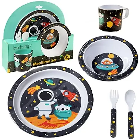 Laptop Lunches 5 Pc Mealtime Feeding Set for Kids and Toddlers - Space - Includes Plate, Bowl, Cup, Fork and Spoon Utensil Flatware image {1}