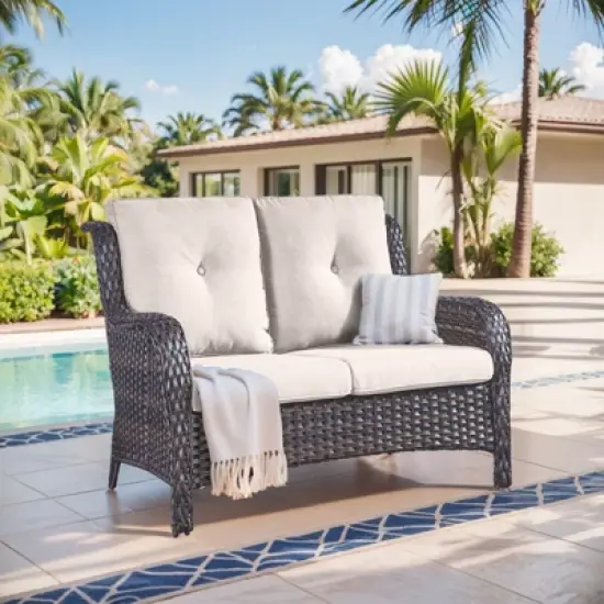Buenhomino Outdoor Patio Couch Wicker Sofa Loveseat- 2 Seater Rattan Sofa for Outside Patio Garden with Deep Seating and Olefin Cushions image {7}