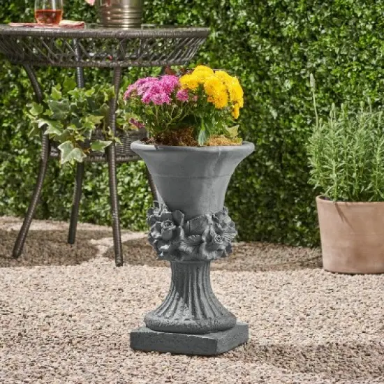 GDFStudio Silber Outdoor Traditional Roman Chalice Garden Urn Planter with Floral Accents image {7}