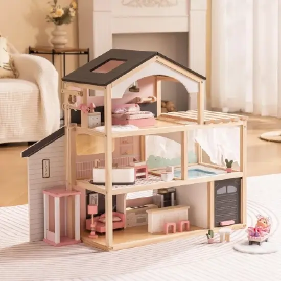 ROBOTIME Dollhouses Wooden Doll House, Toy Furniture Set, Toddler Doll House for 3 Year Old, Kids Doll House ,Girls Gifts, Black, 11.6"*31.5"*27.4" image {3}