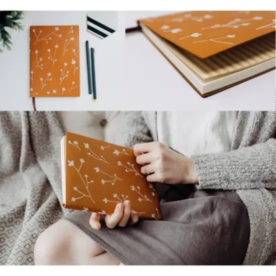 Denik Lined Journal Layflat with Ribbon Page Marker - Samantha: Leather Hard Cover, Narrow Ruled, 144 Pages, Orange image {1}