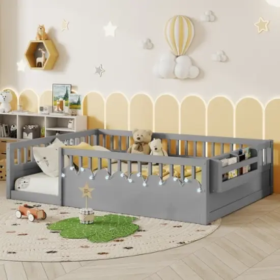 JUJABU Full Wood Floor Bed Frame with High Rails, Built-In Light & Storage Shelf for Kids image {10}