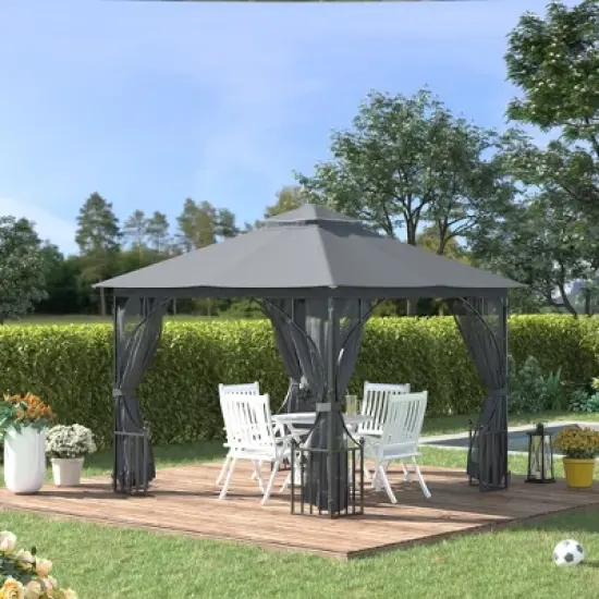 Outsunny 10' x 10' Patio Gazebo Canopy Outdoor Pavilion with Mesh Netting SideWalls, 2-Tier Polyester Roof, & Steel Frame, Dark gray image {2}