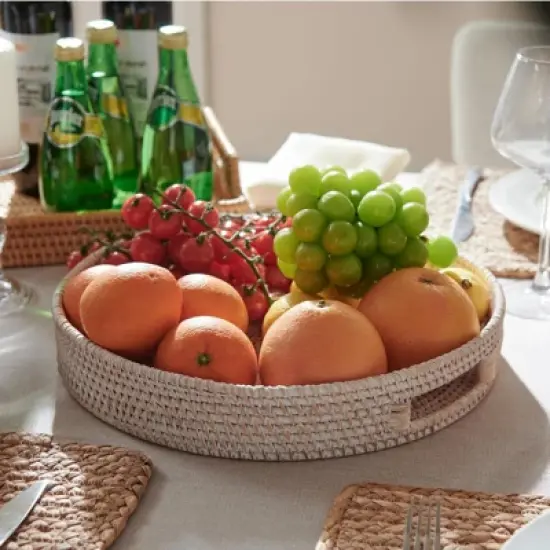 BRINJOY 13.8" Round Woven Tray with Handles - White Washed Rattan Coffee Table Decor, Serving Tray for Food & Decor image {2}