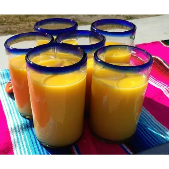 Dos Sue&ntilde;os Mexican Hand Blown  Drinking Glasses - Blue Rim - 14oz - Set of 6 image {6}