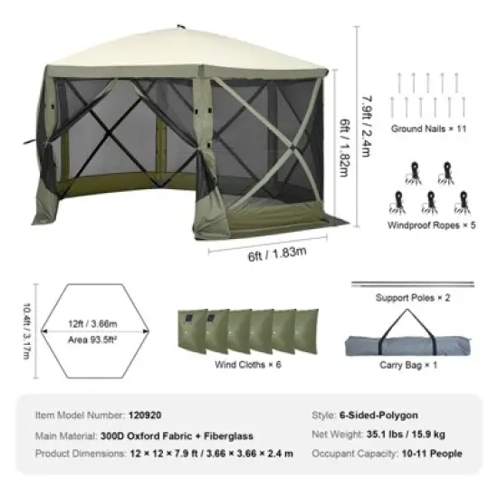 VEVOR Pop Up Gazebo Tent, Pop-Up Screen Tent 6 Sided Canopy Sun Shelter with 6 Removable Privacy Wind Cloths & Mesh Windows, Army Green image {7}