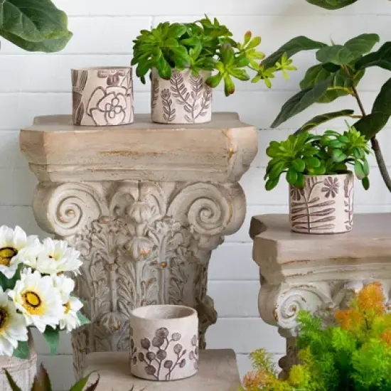 NAYSAYE Planter Set of 4 Gray Sand and Cement Planter with Brown Botanical Motifs for Indoor Outdoor Garden, Brown and Gray, 10"*10"*5" image {3}