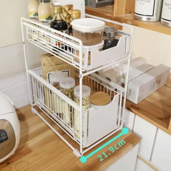 Pull Out Cabinet Organizer, 2-Tier Storage Wire Baskets with Sliding Storage Drawer, Carbon Steel Sliding Drawer Shelf Baskets image {3}