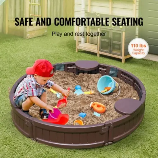 VEVOR Sandbox with Cover, 47.2 x 9.1 in Round Sand Box, HDPE Sand Pit with 3 Corner Seating and Bottom Liner, Gift for Boys Girls Ages 3-12, Brown image {3}