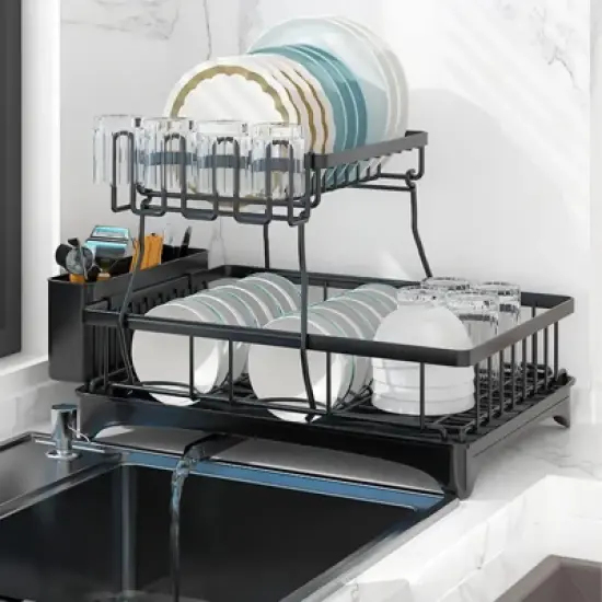 DOMETOUR 2 Tier Dish Drying Rack for Kitchen Counter, Black Metal Dish Drainer with Drainage System, Large Capacity, Space Saving & Rust-Resistant image {2}