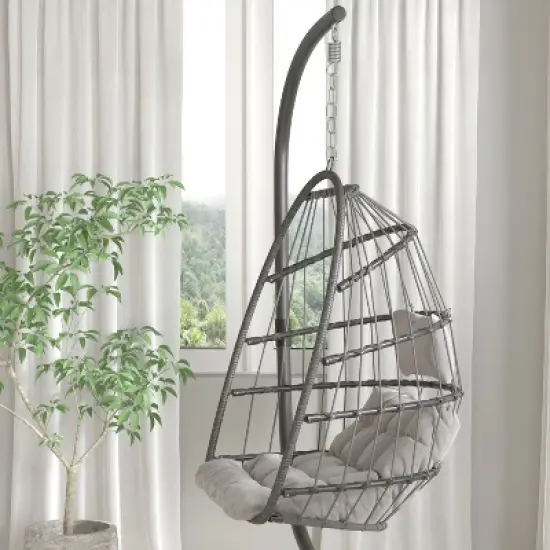 Merrick Lane Foldable Woven Hanging Egg Chair in Gray with Removable Gray Cushions and Stand for Indoor and Outdoor Use image {8}