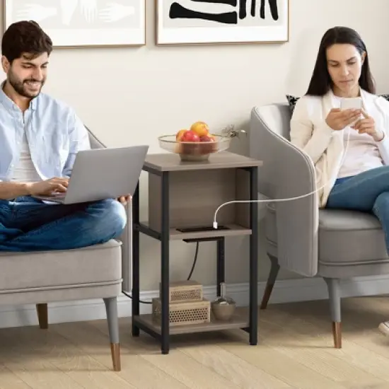 Costway 1/2 PCS Nightstand 3-Tier End Table with Charging Station USB Ports & Power Outlets Grey & Black image {2}