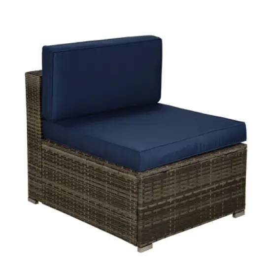 3pc Outdoor Rattan Wicker Conversation Set with Accent Table & Sectional - Brown/Blue - GODEER image {7}
