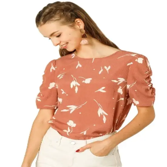 Allegra K Women's Floral Crew Neck Summer Casual Shirred Short Sleeve Blouse image {9}