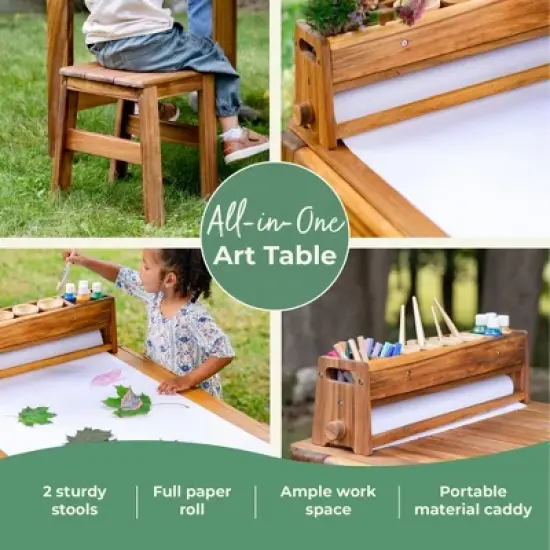 Guidecraft Acadia Outdoor Art Table and Stool Set: Kids Acacia Wood Painting and Arts and Crafts Table with Mobile Storage Paper Roll and Paint Cups image {3}