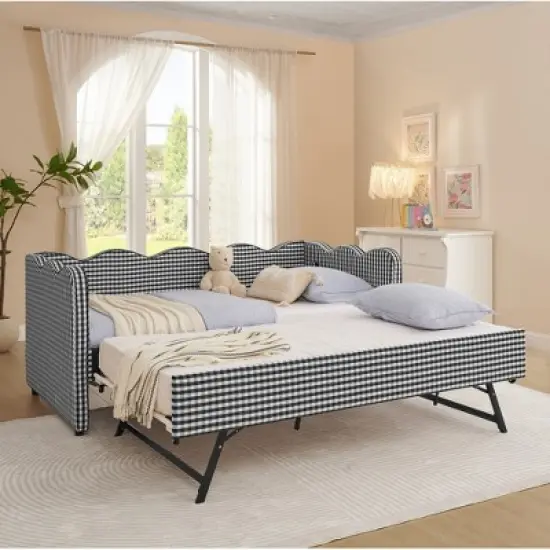 Lycvki Gingham Sofa with Trundle Twin Size Bed Frame No Mattress image {4}