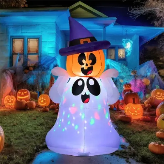 Joyfy 5 FT Halloween Inflatable Outdoor Decoration, Inflatable Playful Ghost with Pumpkin Witch Hat for Halloween Outdoor Yard Graden Lawn Decoration image {4}