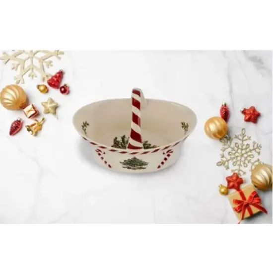 Spode Christmas Tree Candy Basket, 6.5-Inch Candy Bowl with Peppermint Handle, Earthenware Christmas Gift, Festive Holiday Serveware image {1}