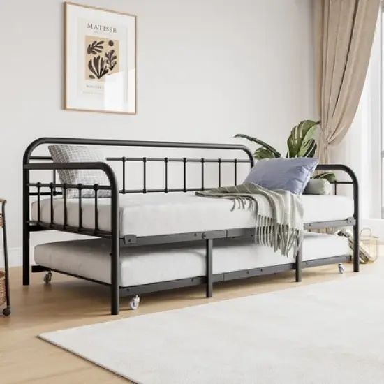 Twin Size Metal Daybed Frame with Trundle, Heavy Duty Steel Slat Support Sofa Bed Platform with Headboard, No Box Spring Needed, Black image {1}