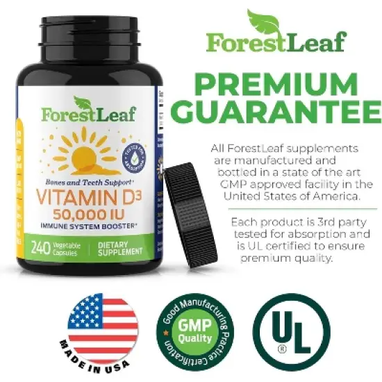 Forest Leaf Vitamin D3 50,000 IU, Bone Health and Immune Support, Small Easy-to-Swallow Capsules Vitamin D Supplements for Women and Men image {1}