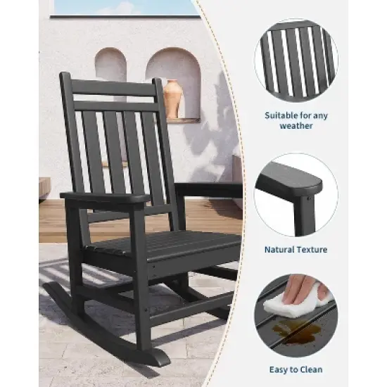 Acekool 2-Piece Outdoor Rocking Chair Set &ndash; HDPE Weather-Resistant Adirondack Rockers with Wood Texture, 380 lbs Capacity, Black image {5}