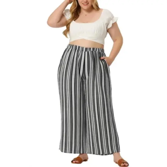 Agnes Orinda Women's Plus Size Boho Palazzo Lounge Wide Leg Pants with Elastic Waist and Stripe image {9}