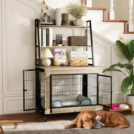 Costway 38&rdquo; Heavy-Duty Dog Kennel on Wheels w/ Pull-out Tray Indoor Pet Furniture Wood Dog House Gray image {1}