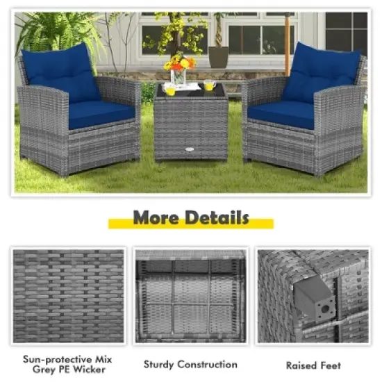 Costway 3PCS Patio Rattan Furniture Bistro Set Cushioned Sofas Side Table Armrest image {8}