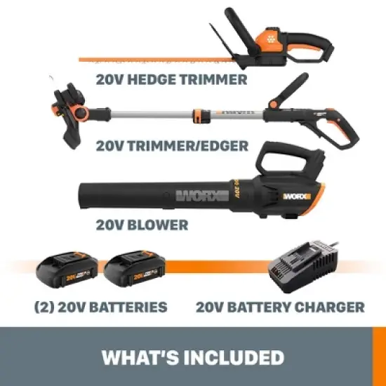 Worx WG931 Power Share 20V Cordless Grass Trimmer, Hedge Trimmer, & Blower Combo (Batteries and Charger Included) image {1}