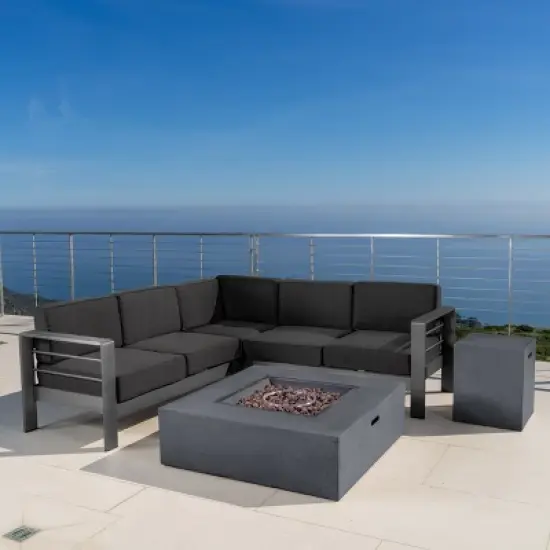 Christopher Knight Home Cape Coral Outdoor Aluminum 5 Seater Sectional Sofa Chat Set with 50000 BTU Fire Pit image {12}