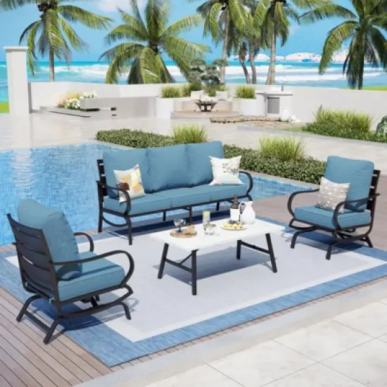 Captiva Designs 4 PCS Metal Patio Furniture Conversation Set with Rocking Armchairs for Garden Porch Backyard image {9}