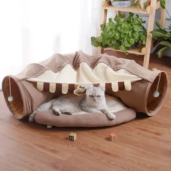 LOVSON Foldable Cat Tunnel Bed, Indoor Cat Use Only, Cat Hideaway Tunnel with Hanging Toy and Soft Cushion Pad, Washable, Coffee Brown image {10}