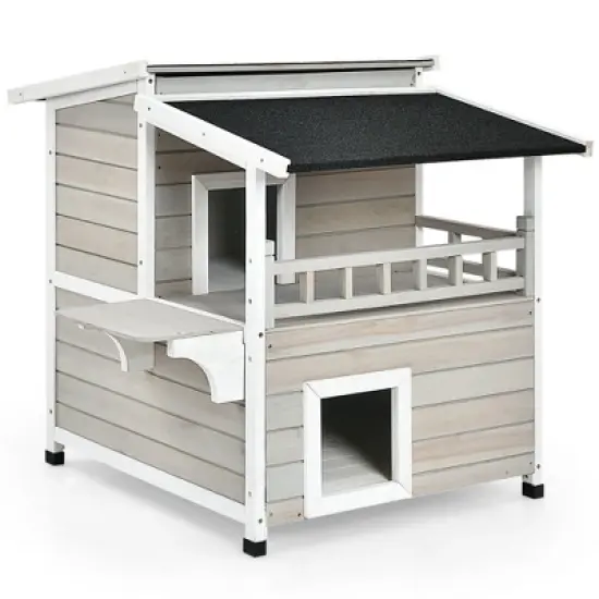 Costway 2-Story Wooden Patio Luxurious Cat Shelter House Condo w/ Large Balcony image {9}