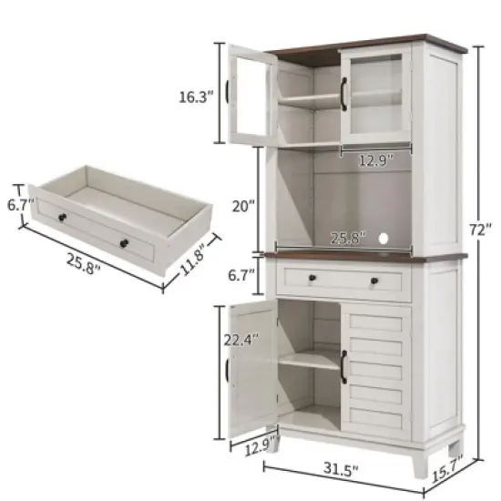 Kitchen Pantry, 72" Farmhouse Coffee Bar Table with Storage Drawers & Glass Doors image {1}