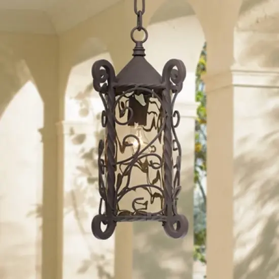 John Timberland Casa Seville Vintage Rustic Outdoor Hanging Light Dark Walnut Scroll 15" Champagne Water Glass for Post Exterior Barn Deck House Porch image {1}