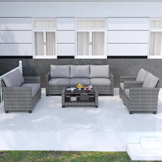 5-Piece Outdoor Patio Furniture Set, 7-Seat PE Rattan Sectional Sofa with Storage Table & Water-Repellent Cushions, Backyard, Deck, Poolside image {10}