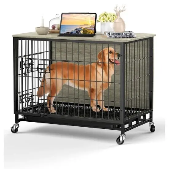 Dog Crate Furniture, 32.5'' Wooden Dog Kennel with Wheels and Double Door, Decorative Pet House with Removable Tray, Modern End Table image {7}