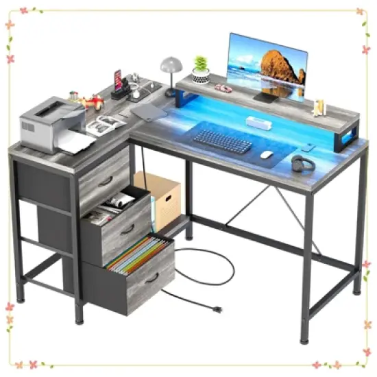 L-Shaped Computer Desk with 4 Power Outlets, 2 USB Ports, 7-Color LED Lights image {9}