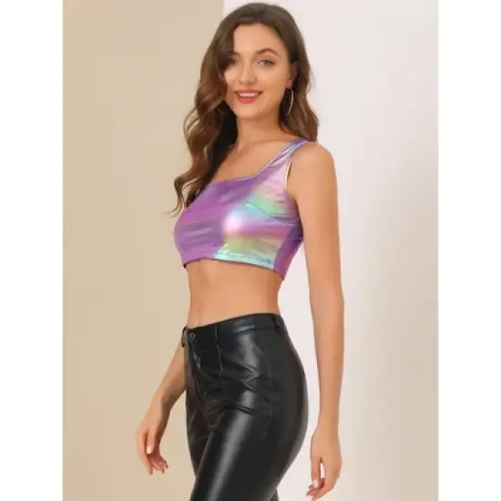 Allegra K Women's U Neck Sleeveless Party Clubwear Shiny Metallic Crop Tank Tops image {3}