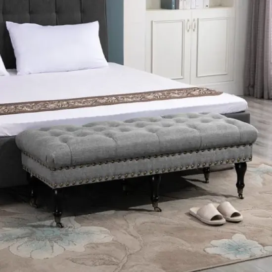 HOMCOM Mobile Upholstered Bench Rolling Button-Tufted Fabric Accent Ottoman with Nailhead Trim & Wheels image {1}