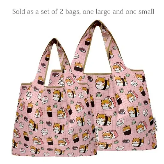 Wrapables Large & Small Foldable Nylon Reusable Shopping Bags (Set of 2), Sushi Puppies image {2}