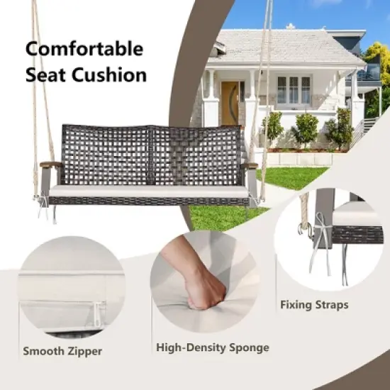 Tangkula 2-Seat Rattan Porch Swing Chair Outdoor Wicker Swing Bench W/ Seat Cushion image {4}