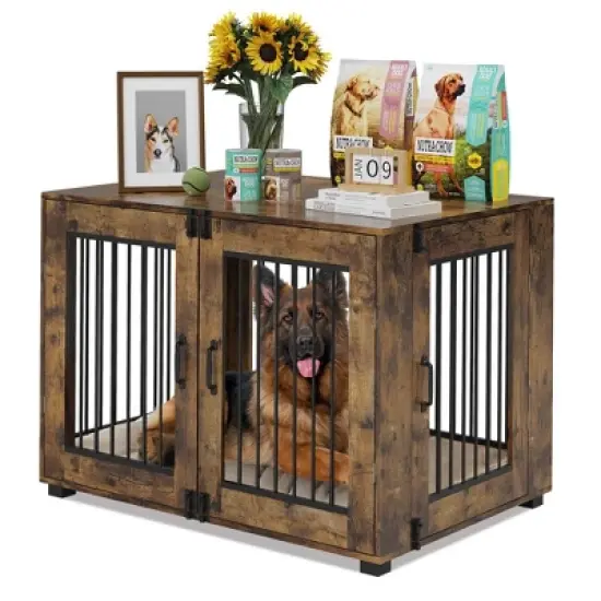 Dog Crate Furniture for Small Breeds - Chew-Resistant Dual-Door Kennel with Locking Wheels, Modern Farmhouse Indoor Pet End Table, Brown image {1}