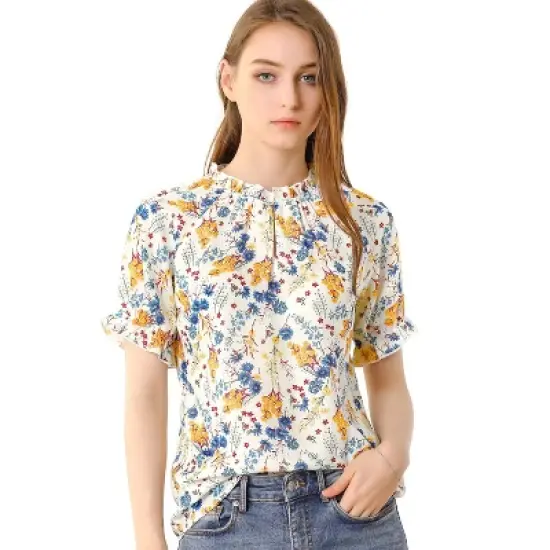 Allegra K Women's Floral Ruffled Short Sleeve Mock Neck Blouses image {10}