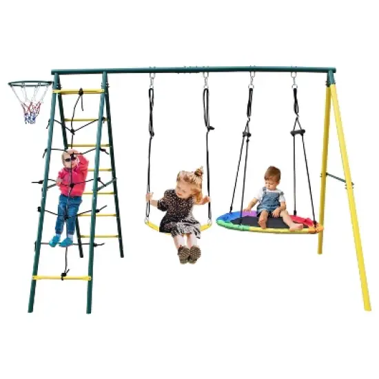 106.50"Indoor/Outdoor Metal Swing Set with Safety Belt for Backyard,Multicolor image {2}