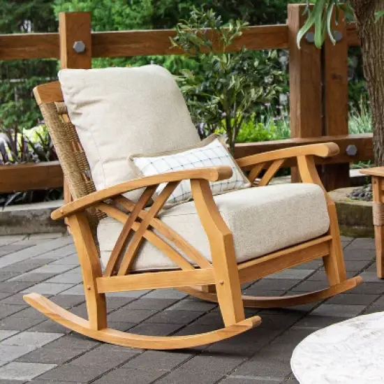 Cambridge Casual 3pc Carmel Teak Wood Outdoor Patio Small Spaces Rocker Conversation Set with Tan Cushions image {2}