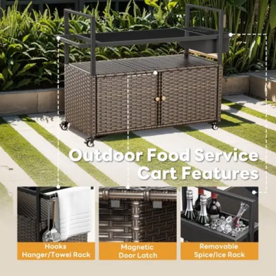 Buenhomino Patio Bar Table,Outdoor Kitchen Island with Glass Top,Rattan Patio Storage Cabinet with Wheels,Bar Cart for Poolside and Backyard image {4}