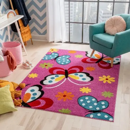 Well Woven Modern Daisy Butterflies Bright Kids Room Carpet Soft Durable Pink Area Rug image {1}