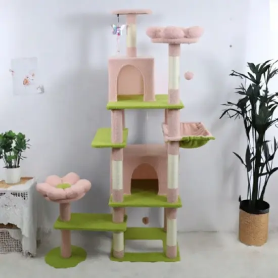SEVOBAL Pet Tower Floral Cat Tree with Spacious Condo and Hammock, Multi-Level Playground for All Age Cats Playing, Sleeping, Pink, 20"*20"*14.4" image {1}