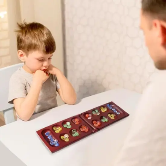 GSE Folding Wooden Mancala Board Game with Multi-Color Glass Stones and Storage Bag, Travel Game - Oak/Mahogany image {4}